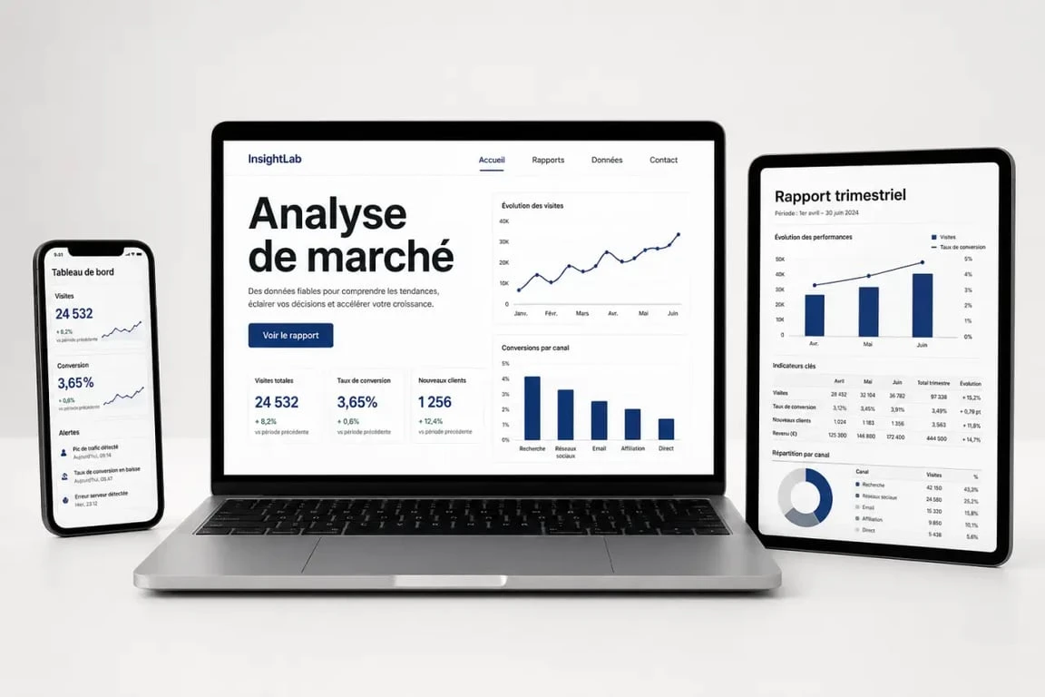 Mockup site web sur laptop, smartphone et tablette dans une mise en scène éditoriale