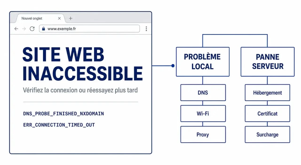 Schéma de diagnostic pour site web inaccessible montrant les codes d’erreur Chrome et les tests local ou serveur