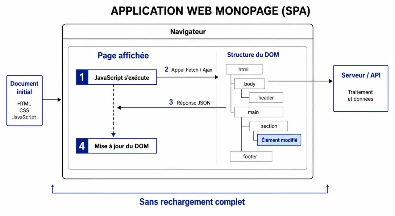 Schéma d’une one page web application montrant le navigateur, JavaScript, un appel asynchrone et la mise à jour du contenu