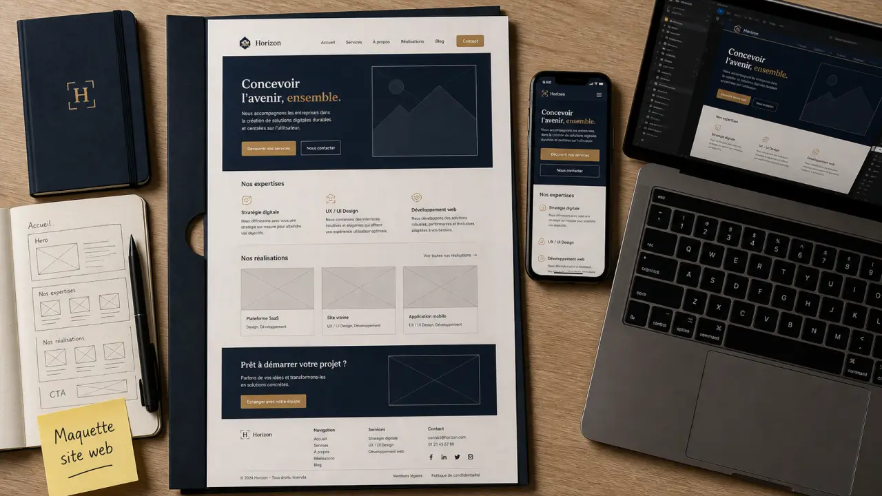Maquette site web : wireframe et prototype sur table