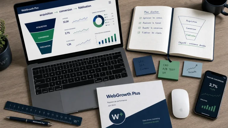 Stratégie digitale framework WebGrowth Plus : acquisition, conversion, fidélisation