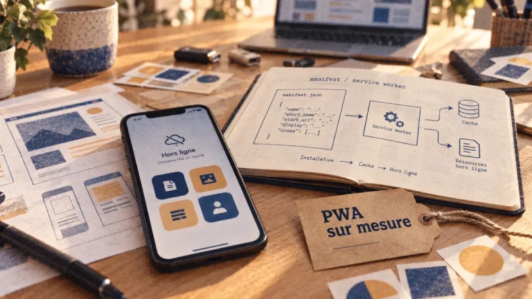 Agence développement progressive web app sur mesure : maquettes PWA et smartphone hors-ligne