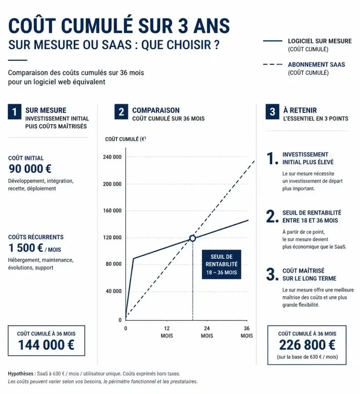 Infographie comparant le coût du développement logiciel web sur mesure au coût d'un SaaS sur 3 ans