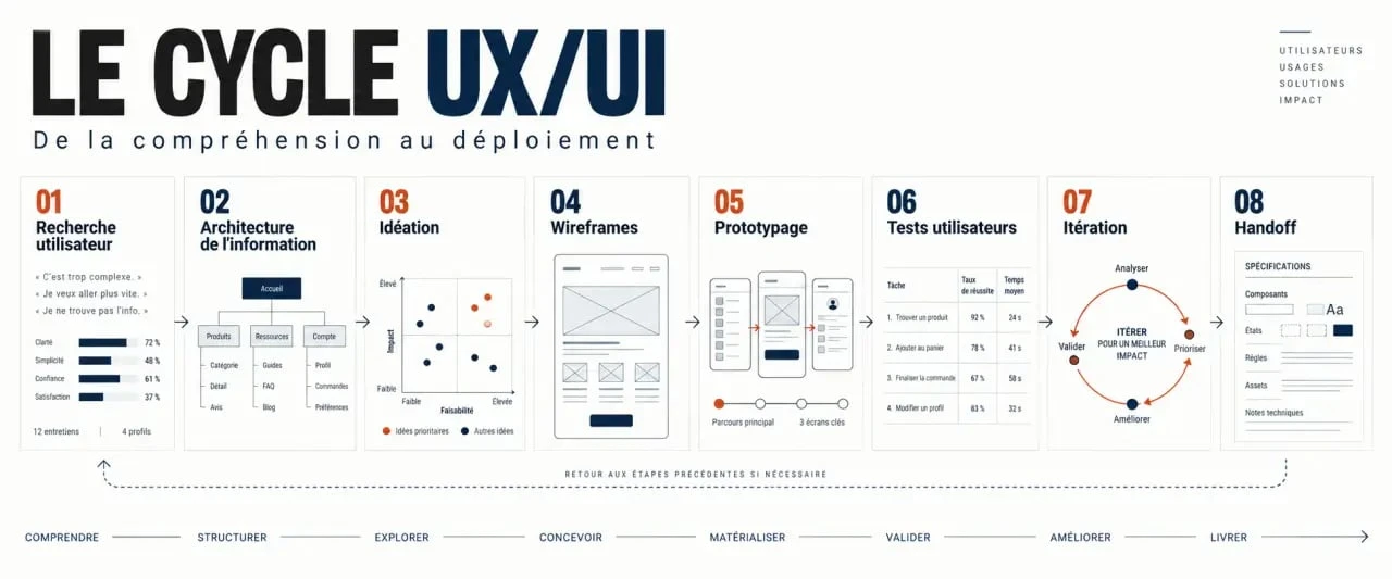 Formation UX UI design : parcours visuel complet d’un projet, de la recherche utilisateur au handoff