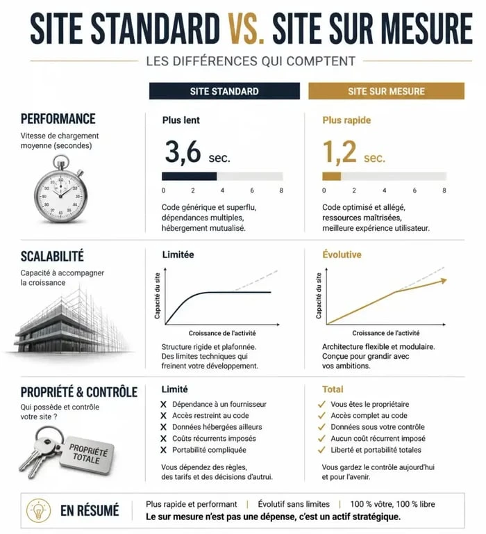 Comparatif entre un site web standard et un développement site web sur mesure pour la performance et l'évolutivité