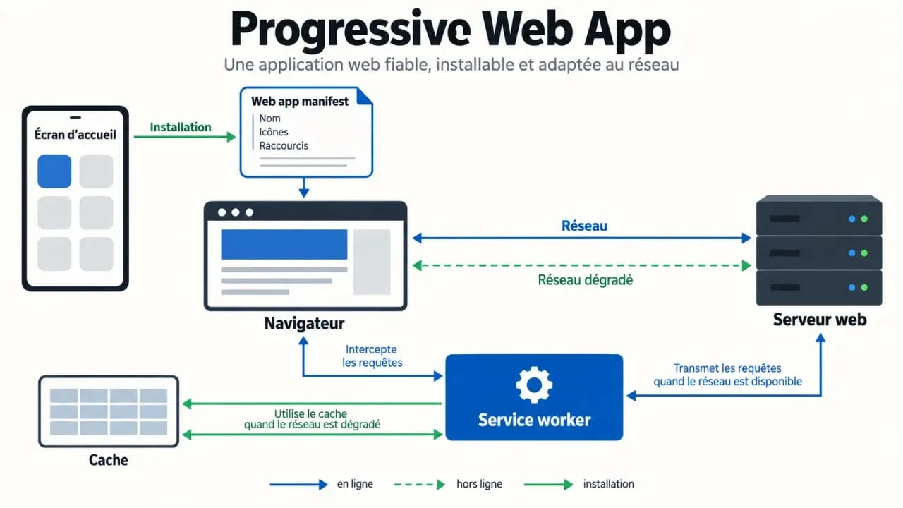 Fonctionnement technique d'une progressive web app développée sur mesure avec manifest, service worker et cache