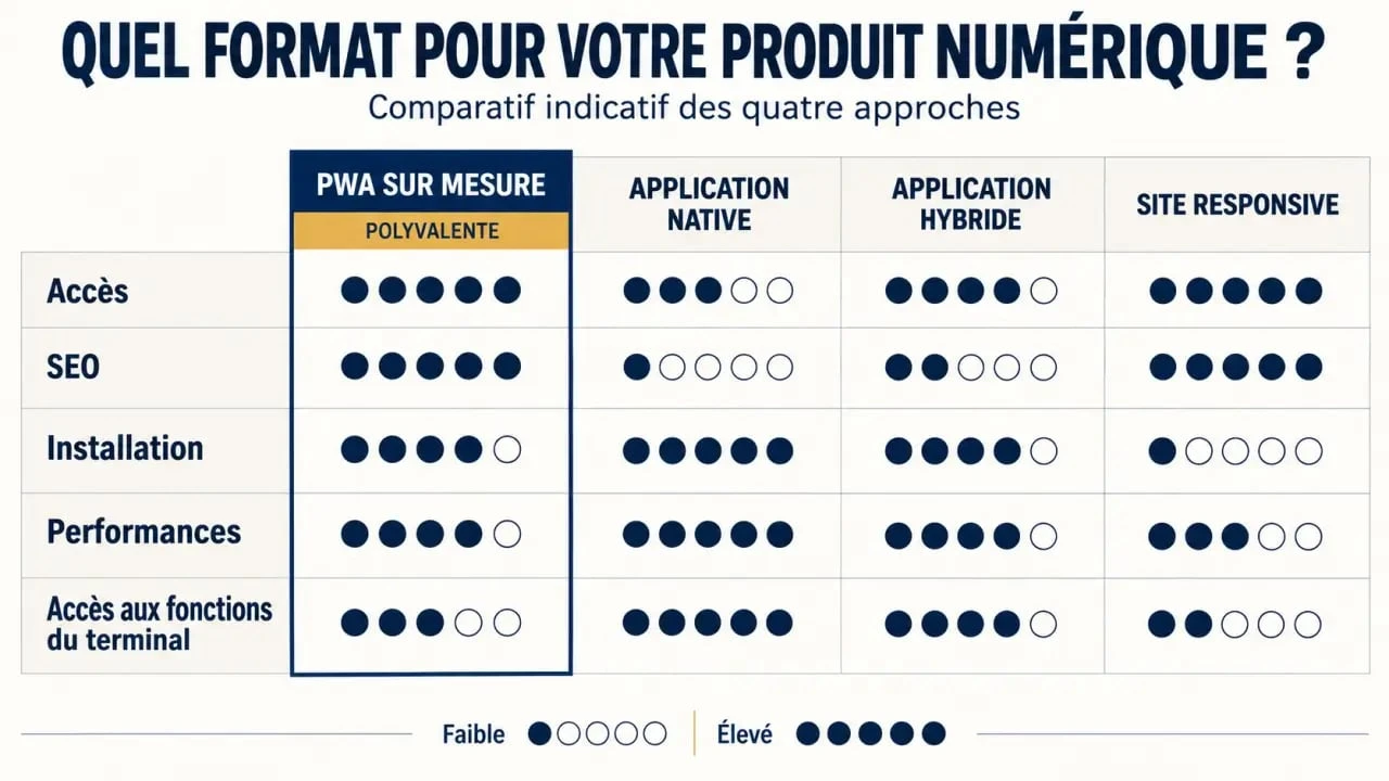 Comparaison visuelle d'une agence développement progressive web app sur mesure avec une application native, hybride et un site responsive