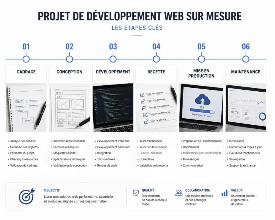 Méthodologie d'un projet de développement web sur mesure, du cadrage à la maintenance.