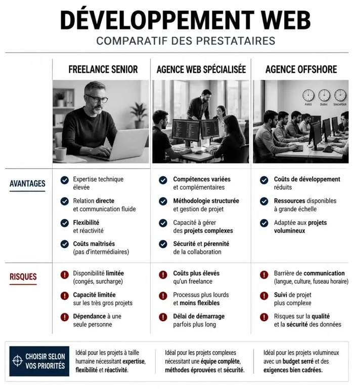 Comparatif des prestataires pour un développement web sur mesure : freelance, agence web et offshore.