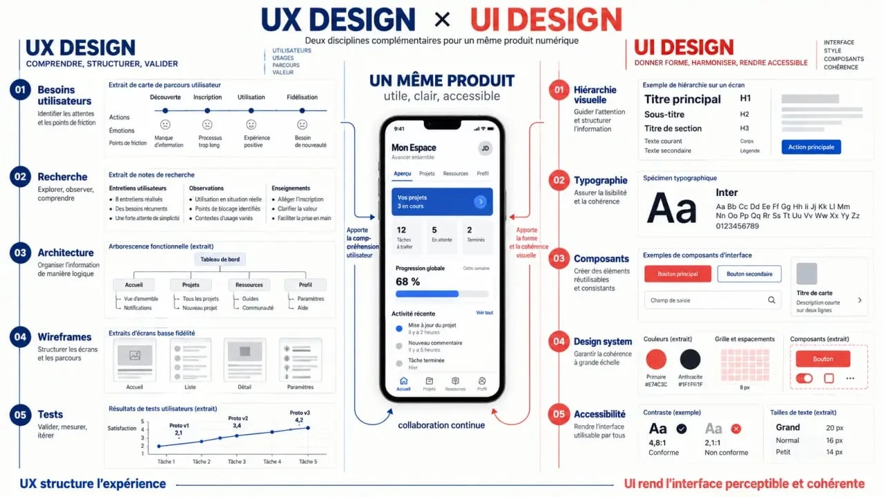Infographie comparative sur l’UX design et l’UI design et leur complémentarité