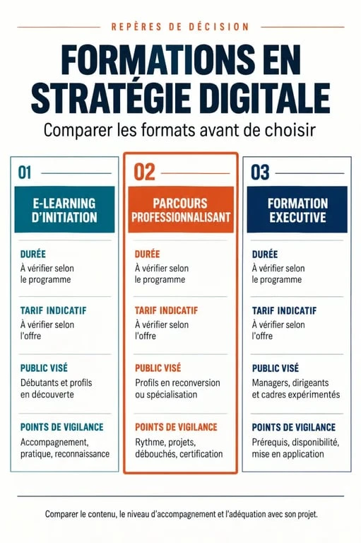 Infographie comparative des formats de formation stratégie digitale
