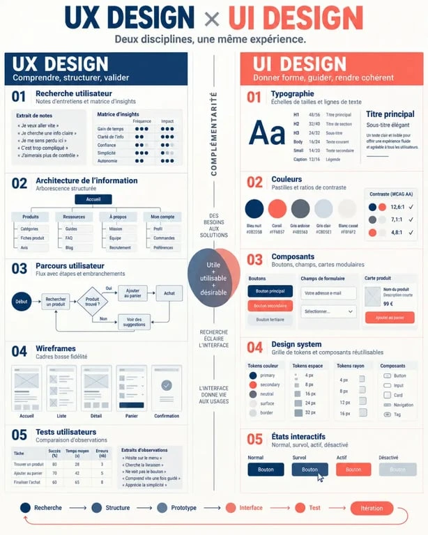 Infographie comparative sur l’UX design et l’UI design, leurs rôles, méthodes et complémentarités