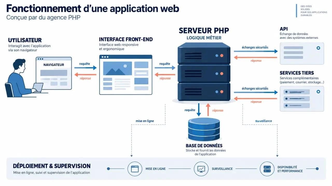 Schéma du fonctionnement d’une agence web PHP et de l’architecture d’une application web
