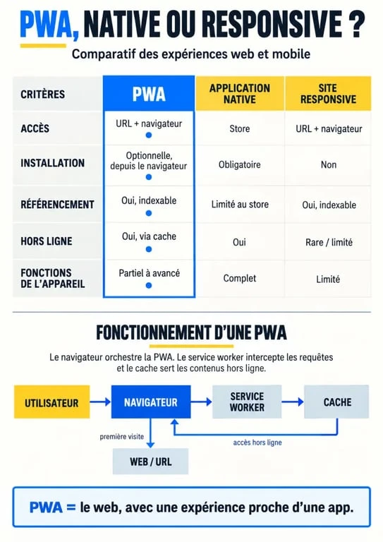 Agence de développement progressive web apps PWA : comparaison entre PWA, application native et site responsive