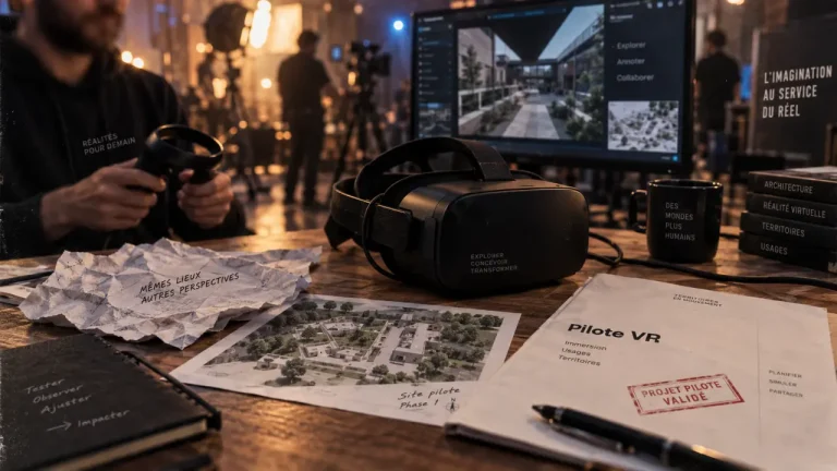 Entreprise réalité virtuelle : casque VR et document pilote VR sur table