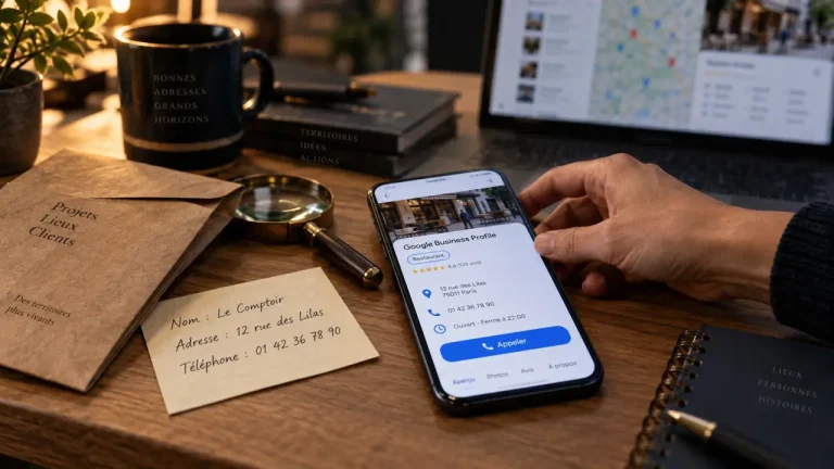 Formation google my business : smartphone affichant une fiche Google Business Profile, bouton Appeler